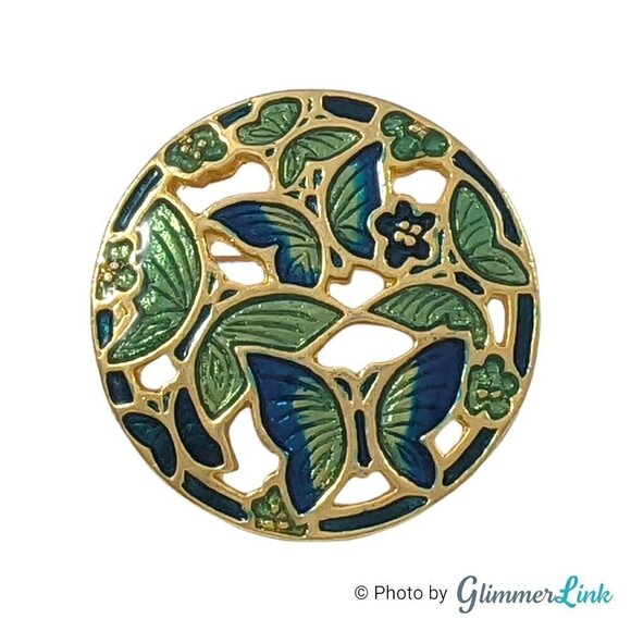 Vintage Butterflies Blue & Green Cloisonné Enamel Gold Tone Round Brooch - Picture 1 of 9